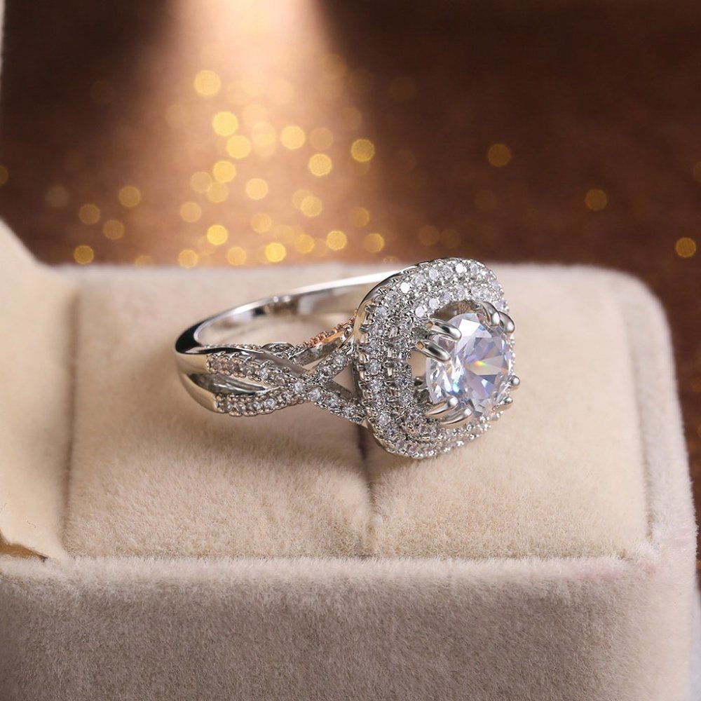 NEW two tone rose gold silver round double halo pave engagement ring - Picture 2 of 7